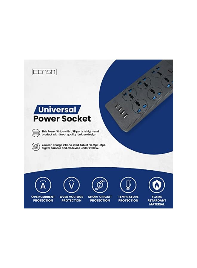 promass Power Extension with 4 USB Ports, 6 Outlets Surge Protector with Power Button, Slim Design Black Color Power Extension 2M - Image 4