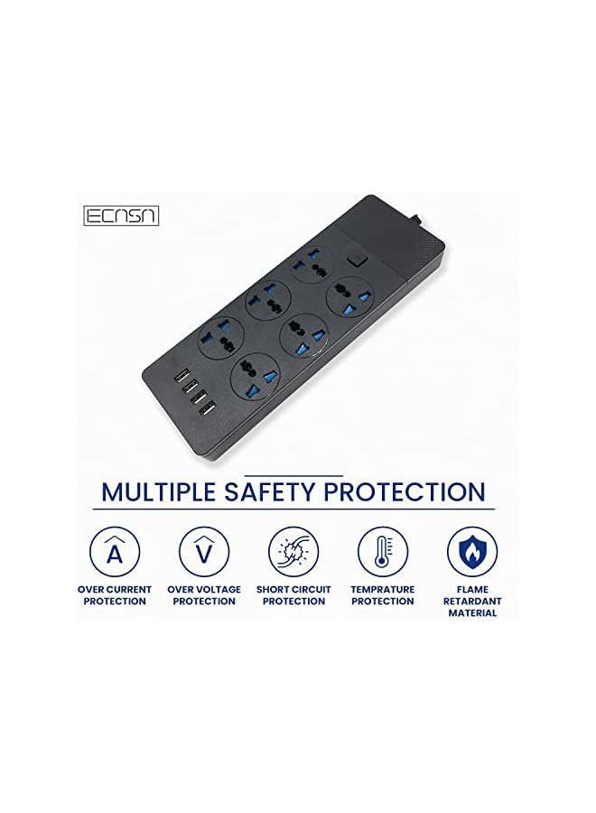promass Power Extension with 4 USB Ports, 6 Outlets Surge Protector with Power Button, Slim Design Black Color Power Extension 2M - Image 5