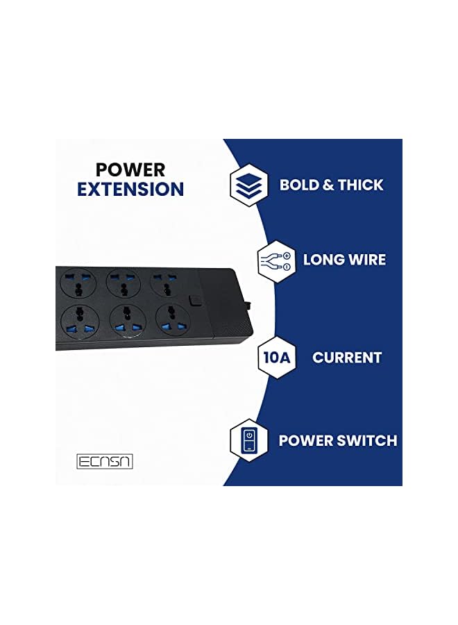promass Power Extension with 4 USB Ports, 6 Outlets Surge Protector with Power Button, Slim Design Black Color Power Extension 2M - Image 3