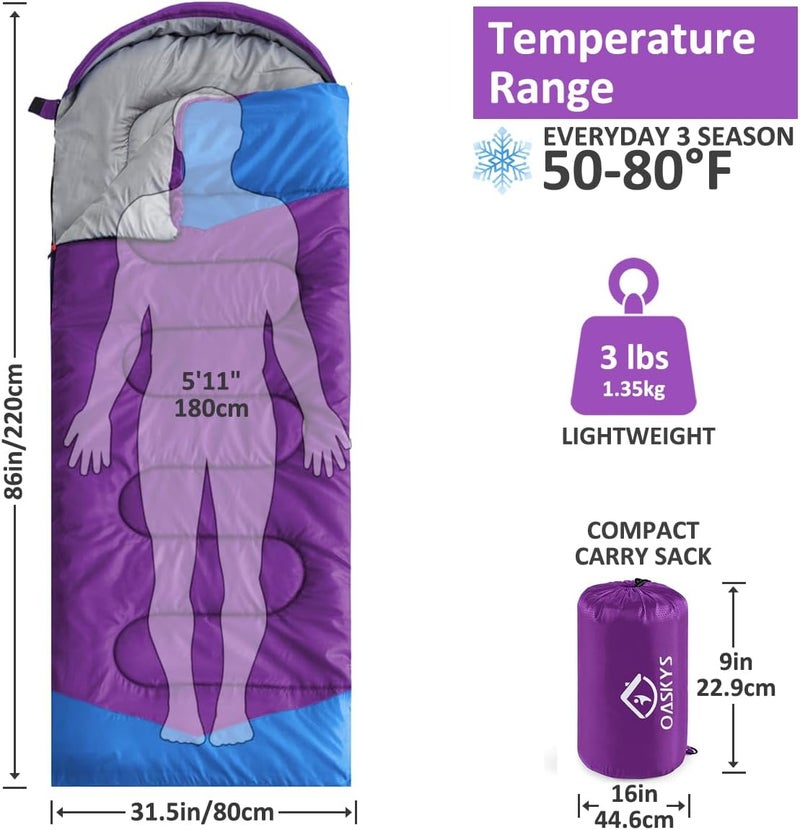 oaskys Camping Sleeping Bag - 3 Season Warm & Cool Weather - Summer Spring Fall Lightweight Waterproof for Adults Kids - Camping Gear Equipment, Traveling, and Outdoors - Image 2
