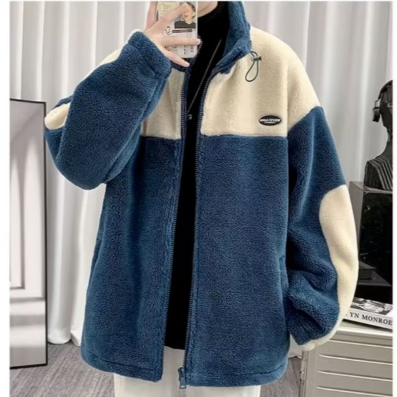 Lamb Wool Cotton Jacket Men 2024 Autumn Winter Thick Loose Warm Blue