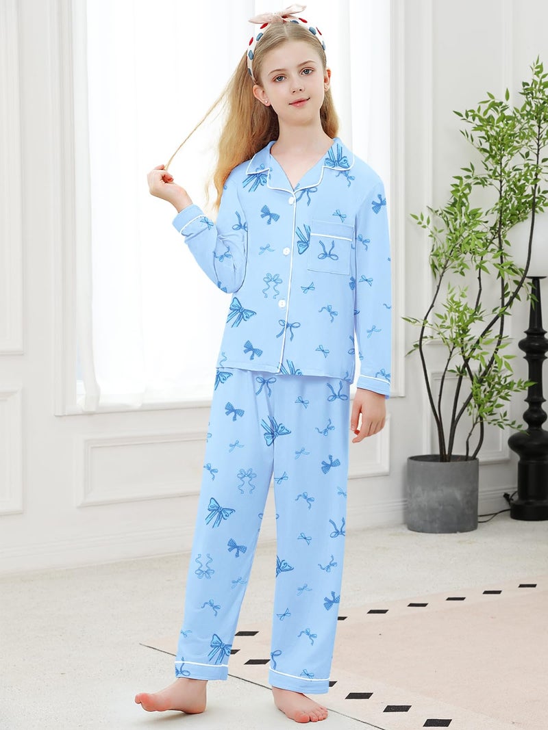 Umeyda Girls Pajamas Set, 2Pj Button-Down Sleepwear Long Sleeve for Kid 2 PJS, Bow Blue, 7-8 Years = Tag 140 - Image 2