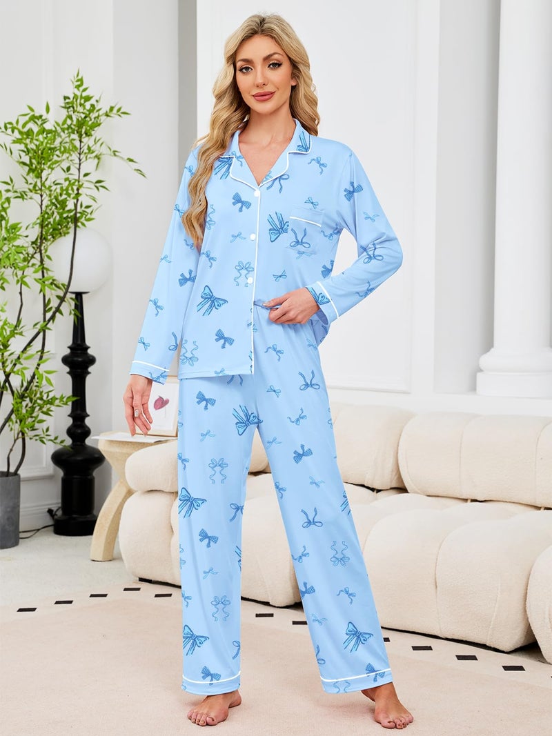 Umeyda Girls Pajamas Set, 2Pj Button-Down Sleepwear Long Sleeve for Kid 2 PJS, Bow Blue, 7-8 Years = Tag 140 - Image 4