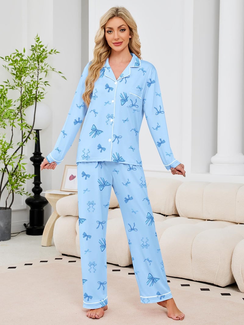 Umeyda Girls Pajamas Set, 2Pj Button-Down Sleepwear Long Sleeve for Kid 2 PJS, Bow Blue, 7-8 Years = Tag 140 - Image 5