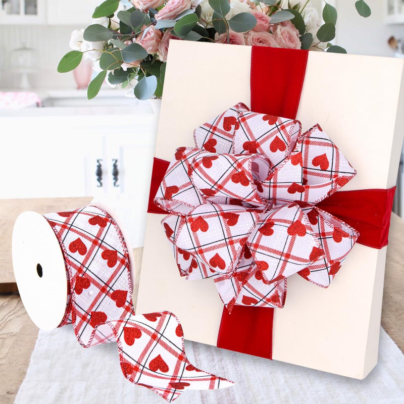 BUVANE 2.5'' x 10 Yard Valentine's Day Wired Edge Ribbon, White and Red Printed Heart Ribbons Gift Wrapping Ribbon for DIY Craft Wedding Party Wreath Bows Decoration (White) - Image 3