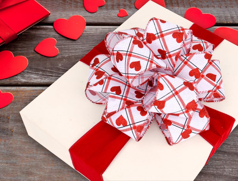 BUVANE 2.5'' x 10 Yard Valentine's Day Wired Edge Ribbon, White and Red Printed Heart Ribbons Gift Wrapping Ribbon for DIY Craft Wedding Party Wreath Bows Decoration (White) - Image 5