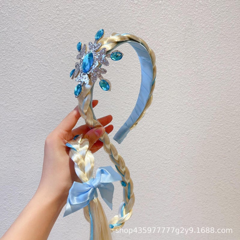 Generic Kids Frozen Crown Elsa Braid Hairband Princess Accessory Blue Snowflake Side Long Braid Hair Band 