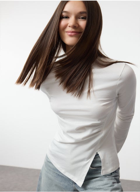 Ecru Single Slit Detailed Gathered Crew Neck Knitted Blouse TWOAW24BZ00388
