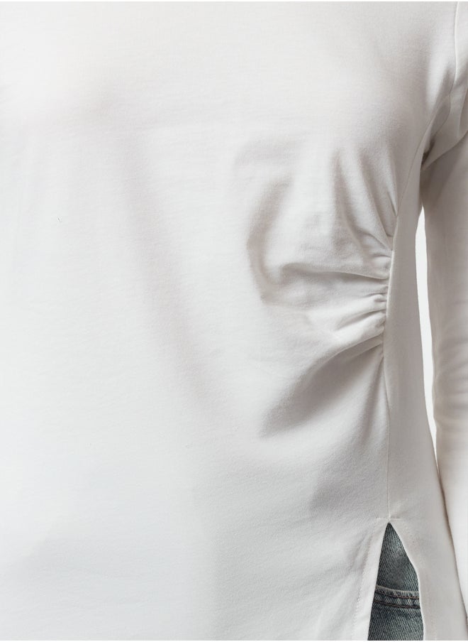 Ecru Single Slit Detailed Gathered Crew Neck Knitted Blouse TWOAW24BZ00388