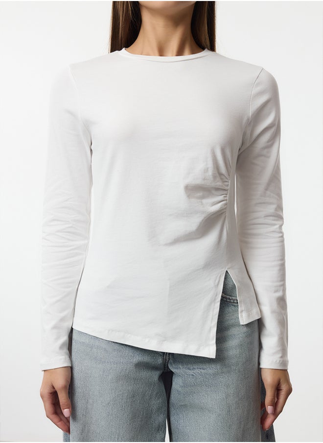 Ecru Single Slit Detailed Gathered Crew Neck Knitted Blouse TWOAW24BZ00388