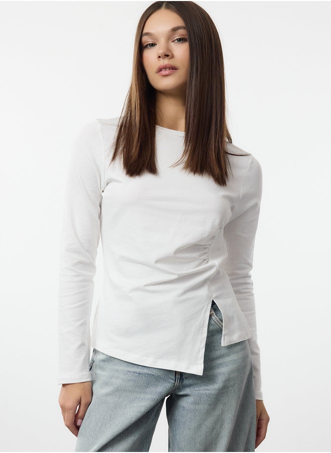 Ecru Single Slit Detailed Gathered Crew Neck Knitted Blouse TWOAW24BZ00388