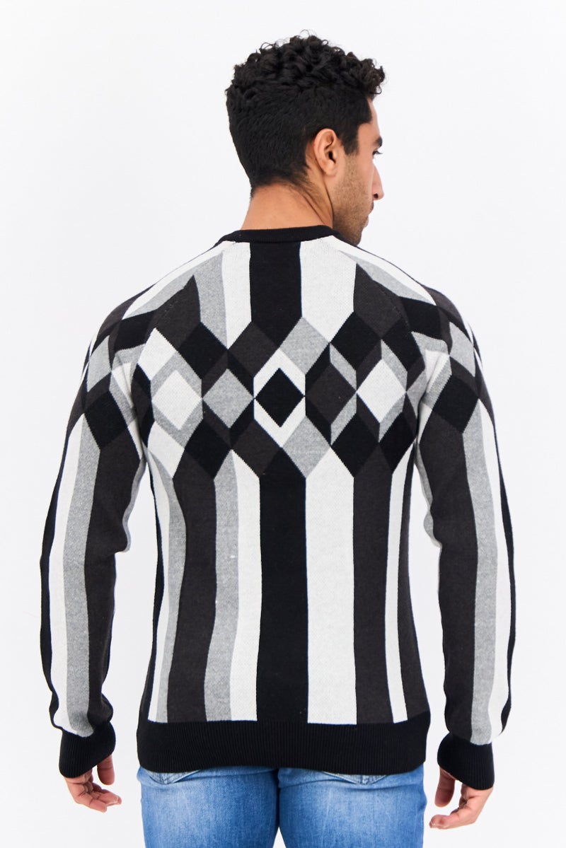 PERRY ELLIS Men Crew Neck Long Sleeves Diamond Pattern Sweater, Black  - Image 3