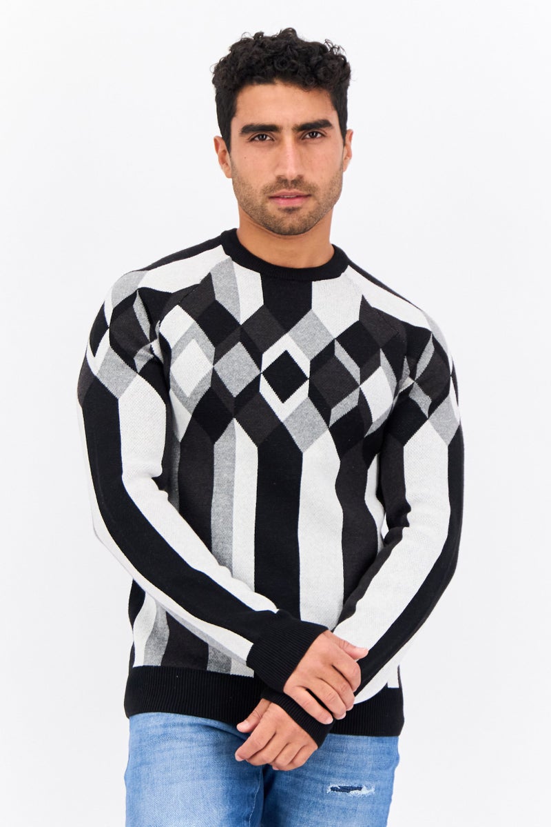 PERRY ELLIS Men Crew Neck Long Sleeves Diamond Pattern Sweater, Black  - Image 1