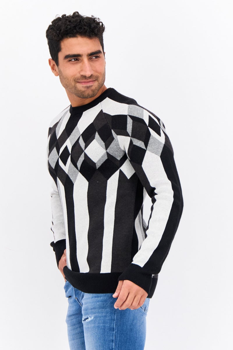 PERRY ELLIS Men Crew Neck Long Sleeves Diamond Pattern Sweater, Black  - Image 2