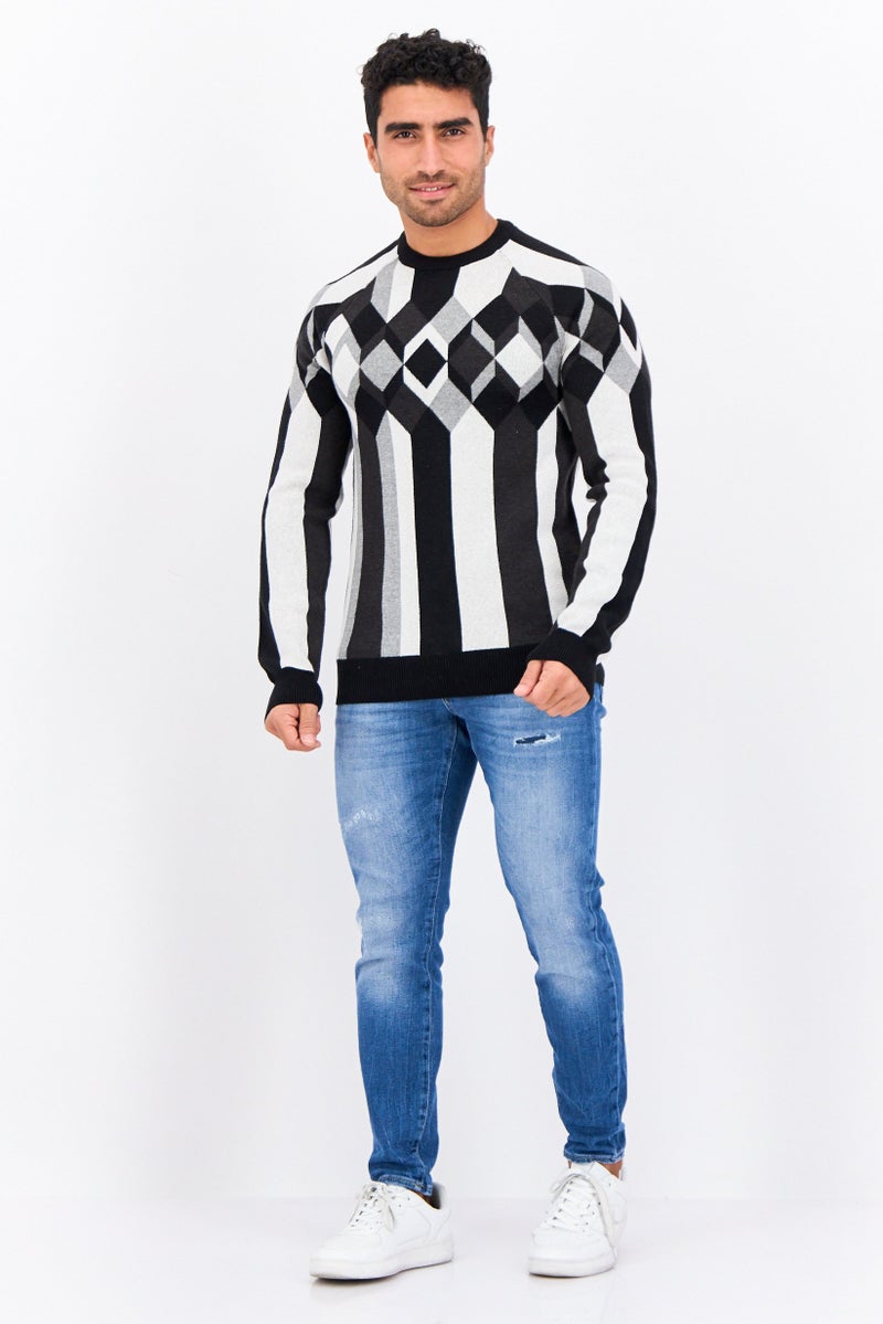 PERRY ELLIS Men Crew Neck Long Sleeves Diamond Pattern Sweater, Black  - Image 4