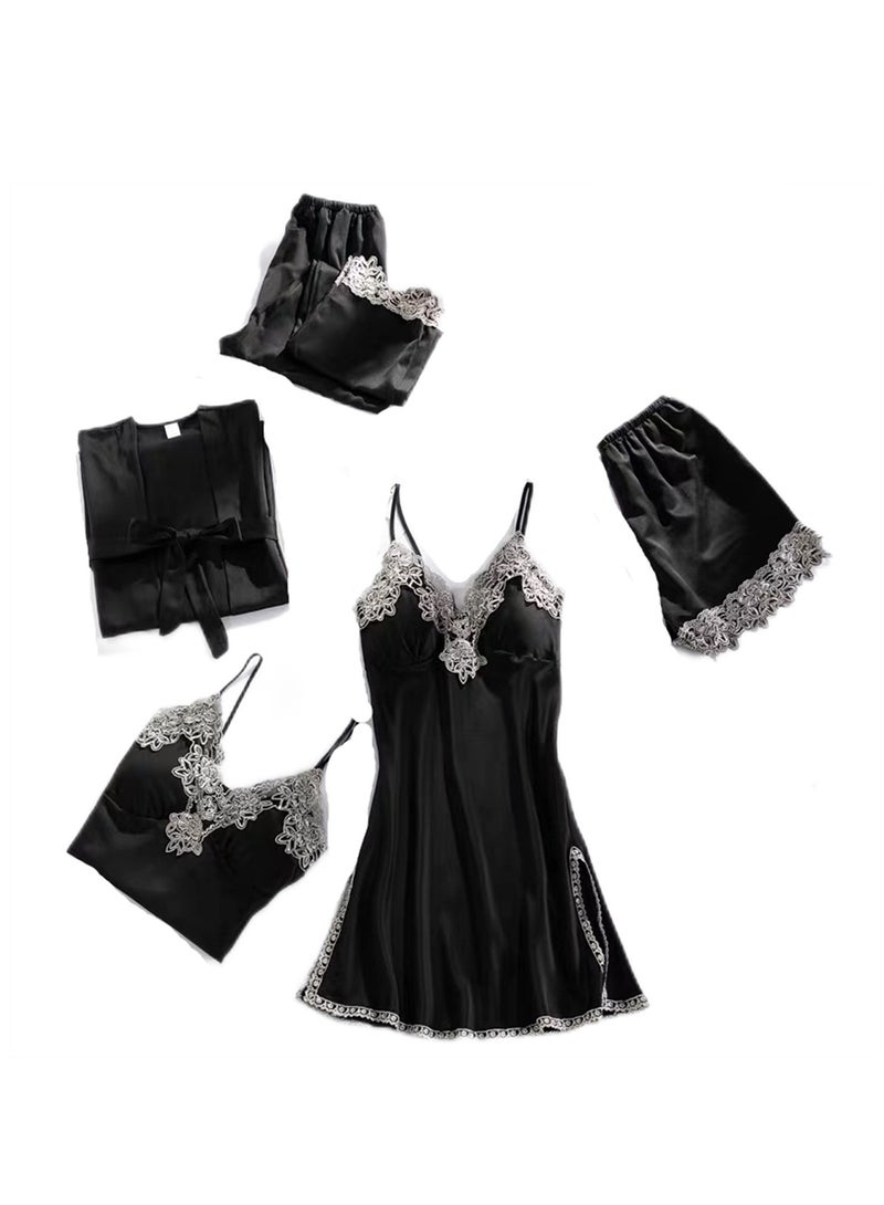 5pcs Ice Silk Pajamas Thin Lace Suspender Long Sleeve Pajama Set  - Image 1