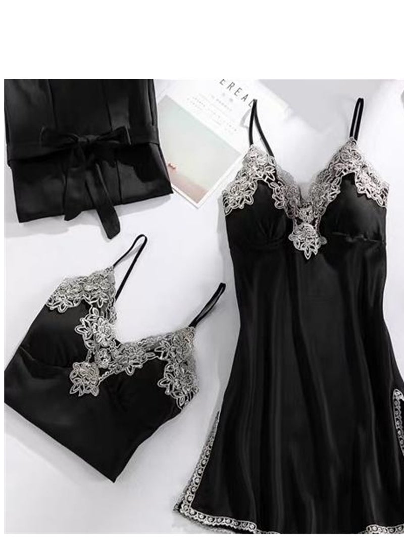 5pcs Ice Silk Pajamas Thin Lace Suspender Long Sleeve Pajama Set  - Image 4
