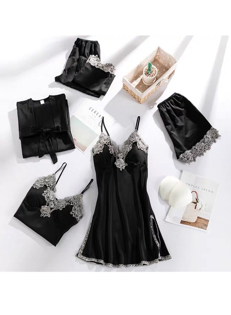 5pcs Ice Silk Pajamas Thin Lace Suspender Long Sleeve Pajama Set  - Image 2