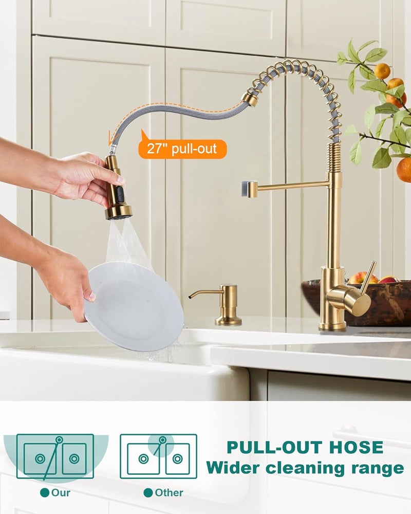 Arcora Kitchen Sink Faucet with Soap Dispenser: Brushed Gold Kitchen Faucets with Pull Down Sprayer - Stainless Steel Single Handle Kitchen Faucet with Deck Plate for Farmhouse RV Laundry - Image 3