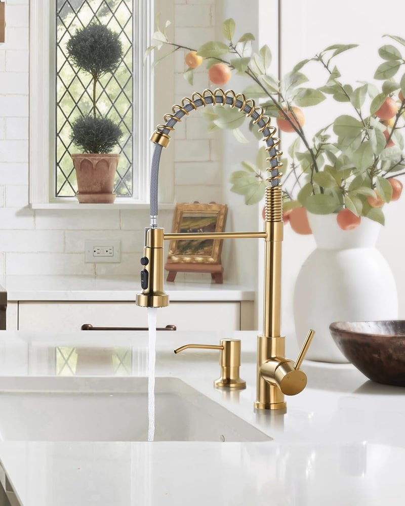 Arcora Kitchen Sink Faucet with Soap Dispenser: Brushed Gold Kitchen Faucets with Pull Down Sprayer - Stainless Steel Single Handle Kitchen Faucet with Deck Plate for Farmhouse RV Laundry - Image 2