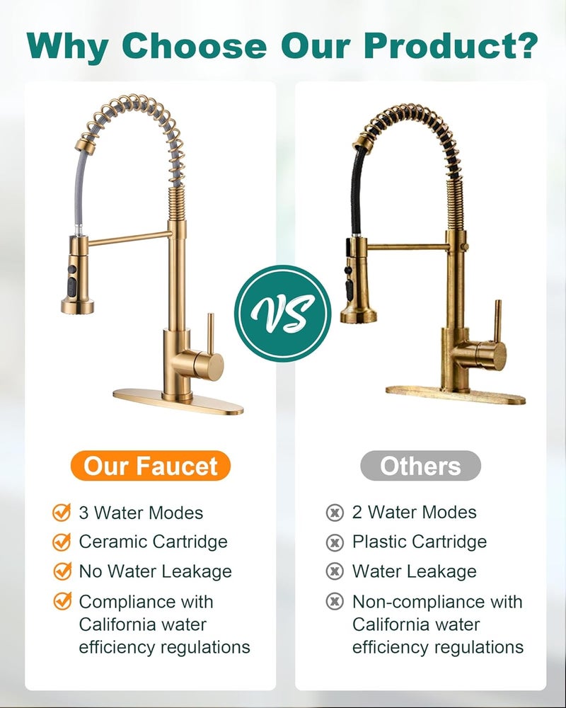 Arcora Kitchen Sink Faucet with Soap Dispenser: Brushed Gold Kitchen Faucets with Pull Down Sprayer - Stainless Steel Single Handle Kitchen Faucet with Deck Plate for Farmhouse RV Laundry - Image 4