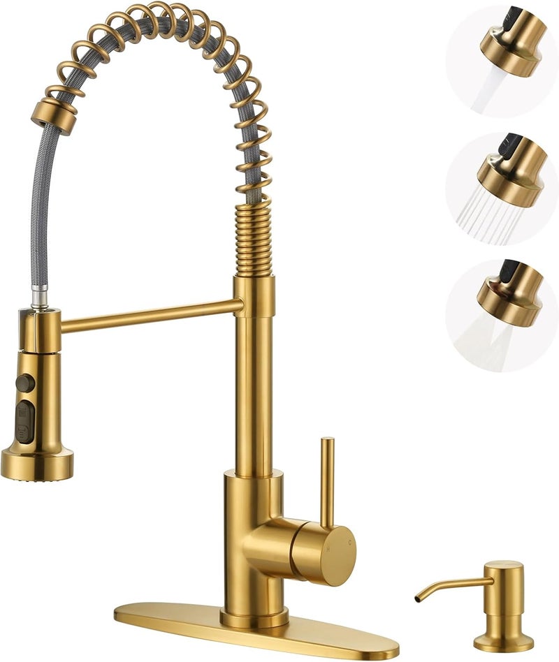 Arcora Kitchen Sink Faucet with Soap Dispenser: Brushed Gold Kitchen Faucets with Pull Down Sprayer - Stainless Steel Single Handle Kitchen Faucet with Deck Plate for Farmhouse RV Laundry - Image 1