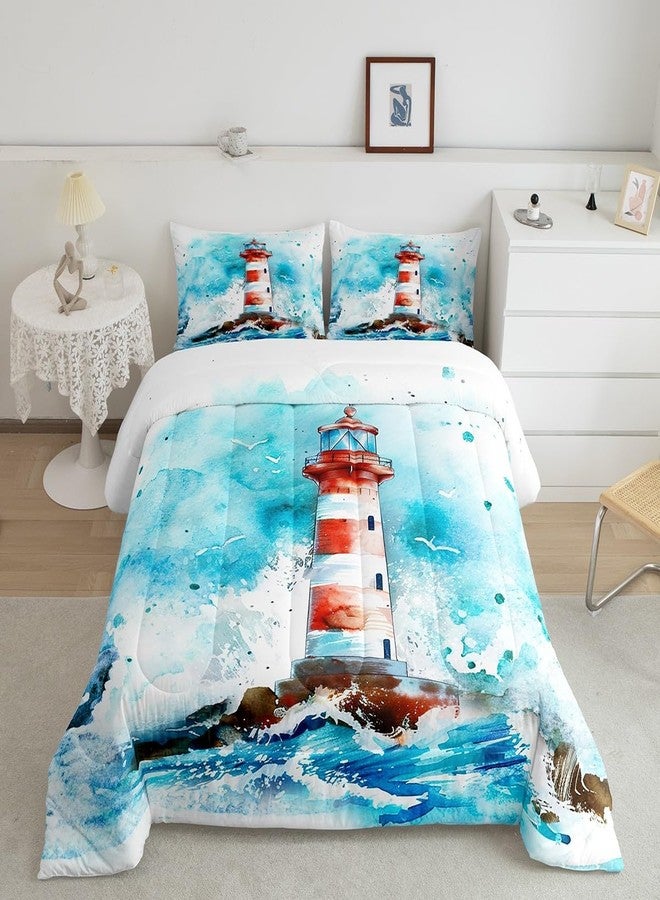 Castle Fairy Lighthouse Bedding Set Queen Size Watercolor Sea Wave Comforter Coastal Style Comforter Set Blue Red Painting Duvet Set 3Pcs Quilt Set 1 Comforter Set with 2 Pillowcase - Image 1