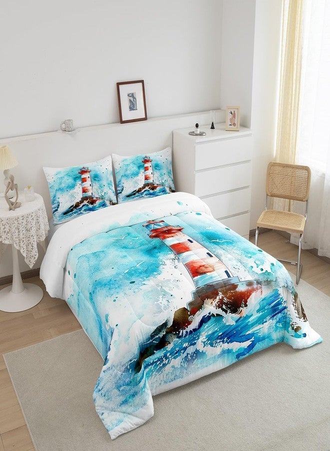 Castle Fairy Lighthouse Bedding Set Queen Size Watercolor Sea Wave Comforter Coastal Style Comforter Set Blue Red Painting Duvet Set 3Pcs Quilt Set 1 Comforter Set with 2 Pillowcase - Image 2