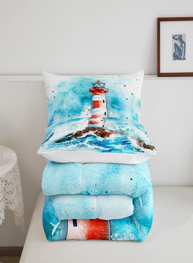 Castle Fairy Lighthouse Bedding Set Queen Size Watercolor Sea Wave Comforter Coastal Style Comforter Set Blue Red Painting Duvet Set 3Pcs Quilt Set 1 Comforter Set with 2 Pillowcase - Image 5