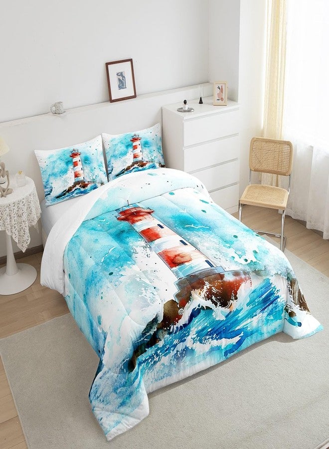 Castle Fairy Lighthouse Bedding Set Queen Size Watercolor Sea Wave Comforter Coastal Style Comforter Set Blue Red Painting Duvet Set 3Pcs Quilt Set 1 Comforter Set with 2 Pillowcase - Image 4
