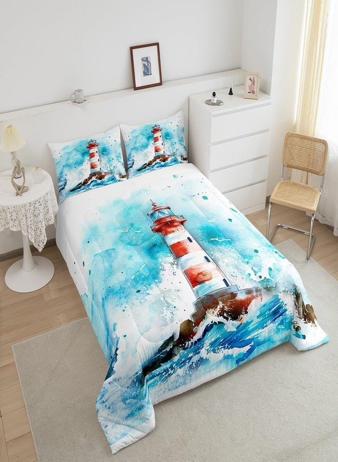 Castle Fairy Lighthouse Bedding Set Queen Size Watercolor Sea Wave Comforter Coastal Style Comforter Set Blue Red Painting Duvet Set 3Pcs Quilt Set 1 Comforter Set with 2 Pillowcase - Image 3