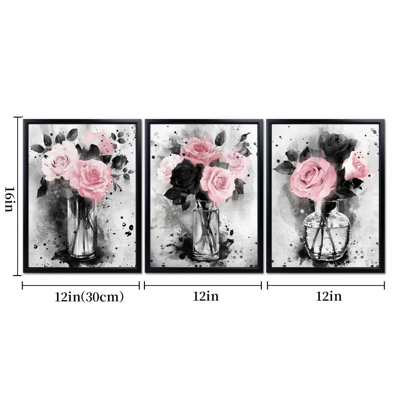 Visual Art Decor Flower Painting Floral Pictures Canvas Print, Woman Girls Bathroom Decor Bedroom Wall Decor Framed 12x16inchx3Pieces, Black Frame (Pink) - Image 4