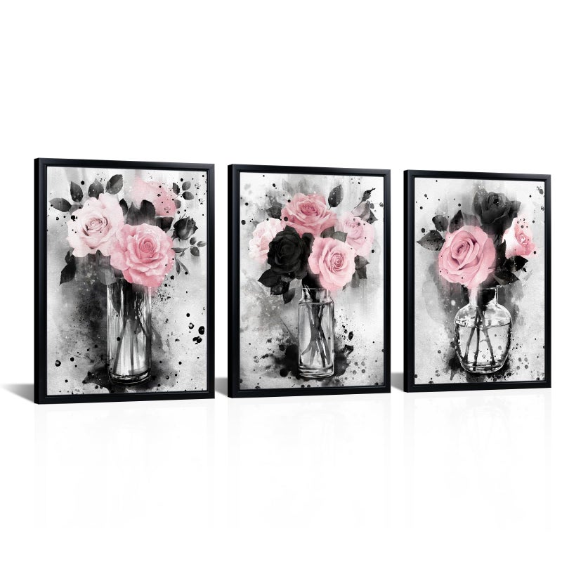 Visual Art Decor Flower Painting Floral Pictures Canvas Print, Woman Girls Bathroom Decor Bedroom Wall Decor Framed 12x16inchx3Pieces, Black Frame (Pink) - Image 1