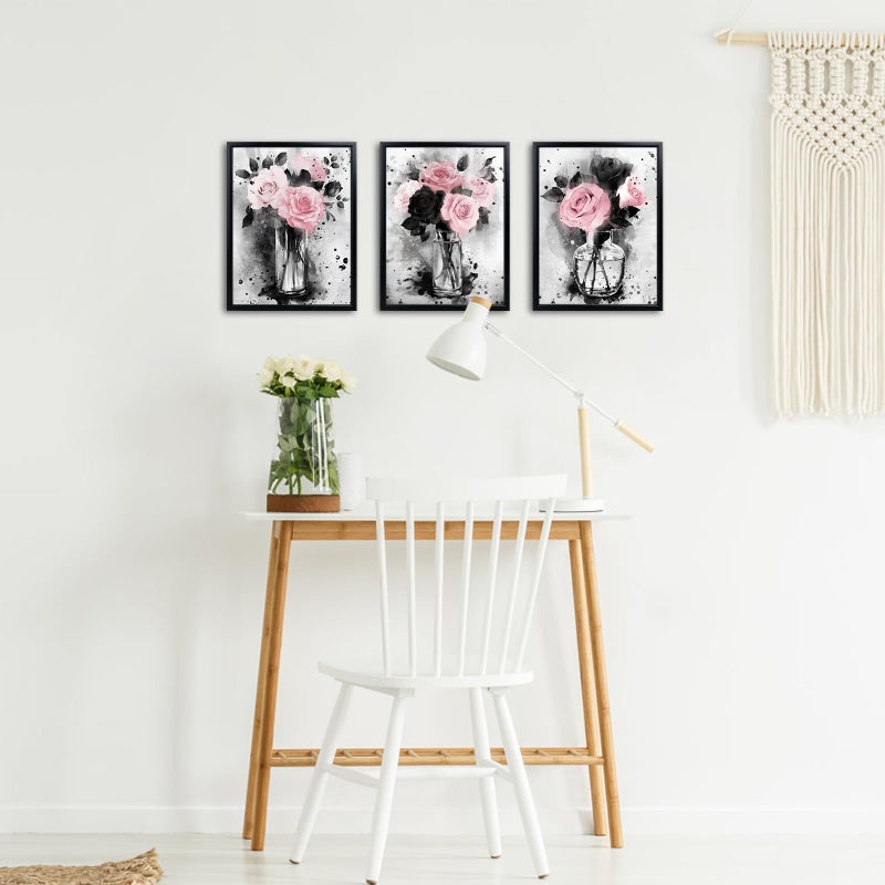 Visual Art Decor Flower Painting Floral Pictures Canvas Print, Woman Girls Bathroom Decor Bedroom Wall Decor Framed 12x16inchx3Pieces, Black Frame (Pink) - Image 2