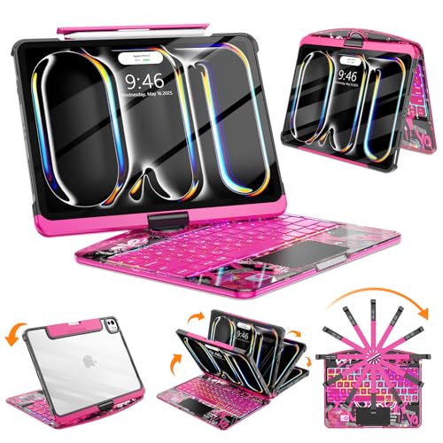 SIBEITU Keyboard Case for iPad Pro 11 Inch (M5 2025 / M4 2024), 360 Rotatable iPad Pro 11 Clear Cover with Multi-Touch Trackpad, 7-Color Backlight & 3 Brightness, High-Tech Visible PCB Design, Pink - Image 1