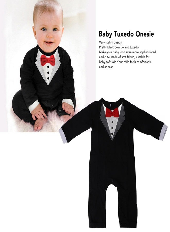 Fdit 80cm Baby Tuxedo Onesie Long Sleeve Newborn Gentleman Romper Jumpsuit with Bow Tie Black - Image 3