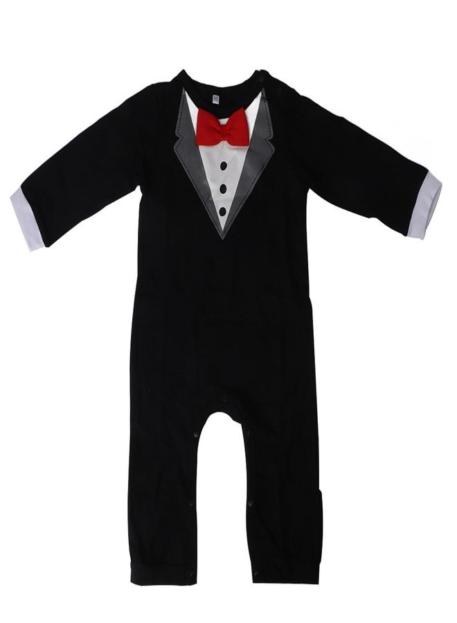 Fdit 80cm Baby Tuxedo Onesie Long Sleeve Newborn Gentleman Romper Jumpsuit with Bow Tie Black - Image 1