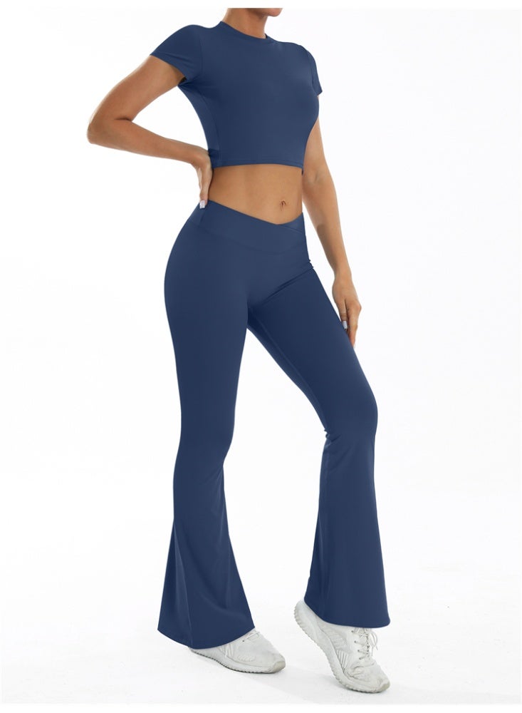 general 2 Pieces Yoga Set Gym Sportswear Workout Clothes Sport Flared Leggings Short Sleeve Tracksuits - Image 3