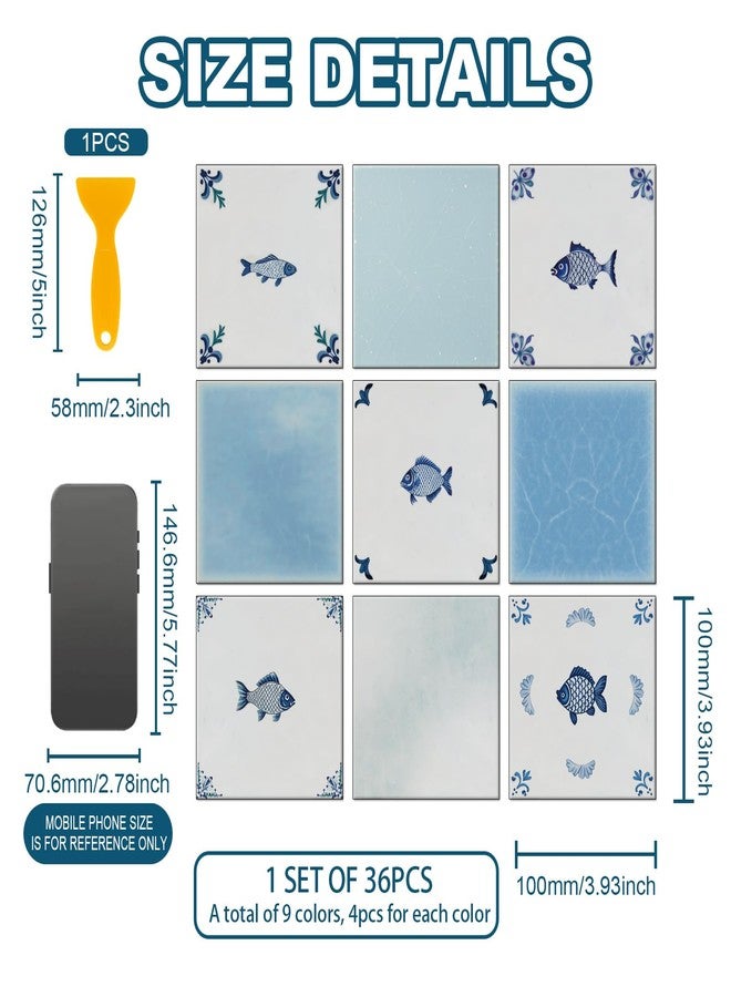 CHGCRAFT 36 Pcs 9 Style Tile Stickers Vintage Peel and Stick Wall Stickers Blue Hand Drawn Fish Delft Style Waterproof Self Adhesive Stick on Tiles Decals for Bathroom Wall Art Decor, 4×4 Inch - Image 2