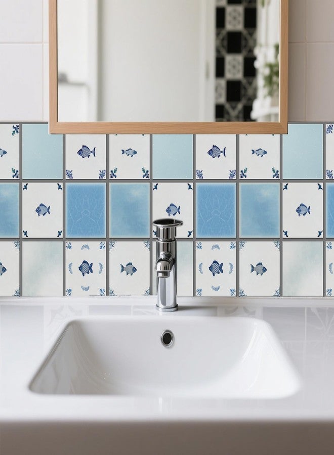 CHGCRAFT 36 Pcs 9 Style Tile Stickers Vintage Peel and Stick Wall Stickers Blue Hand Drawn Fish Delft Style Waterproof Self Adhesive Stick on Tiles Decals for Bathroom Wall Art Decor, 4×4 Inch - Image 3
