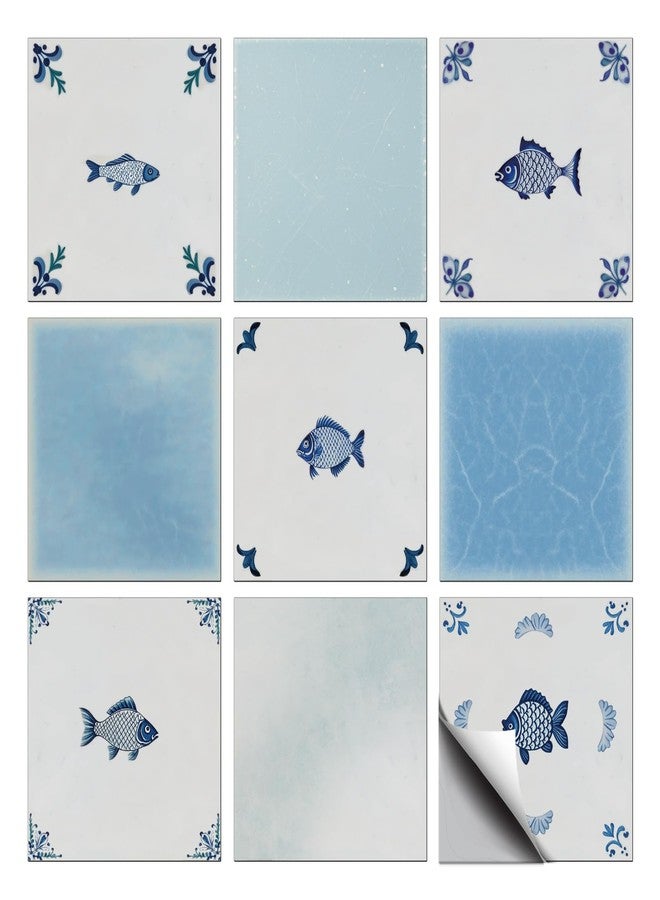 CHGCRAFT 36 Pcs 9 Style Tile Stickers Vintage Peel and Stick Wall Stickers Blue Hand Drawn Fish Delft Style Waterproof Self Adhesive Stick on Tiles Decals for Bathroom Wall Art Decor, 4×4 Inch - Image 1