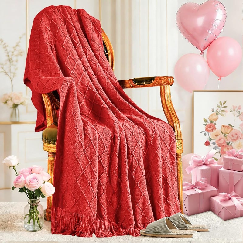 inhand Knitted Gift Throw Blankets for Couch and Bed,Valentines Day Decor Blanket for Her Him Girlfriend Wife, Red Romatic Lightweight Decorative with Tassel, Farmhouse Warm Woven for Women, 50"x60" - Image 1