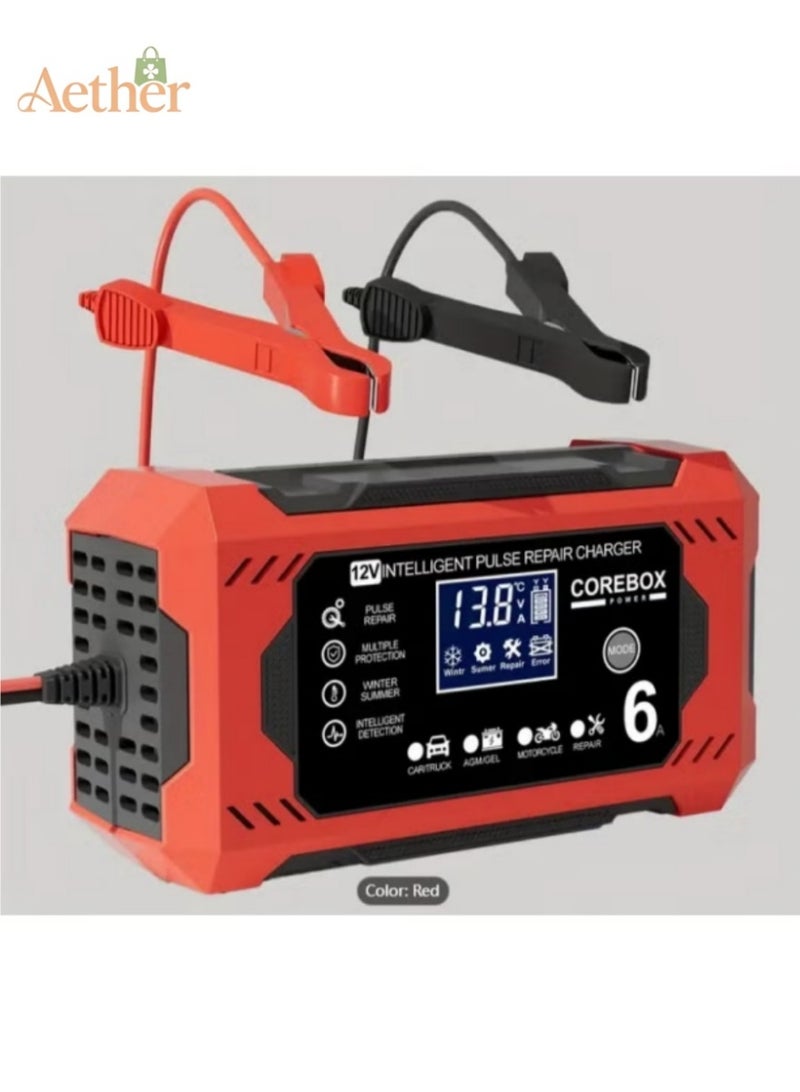 أثير شاحن البطارية الذكية 12V 6A مع شاشة LCD - شاحن الرصاص الحمضي متعدد الاستخدامات للسيارات والشاحنات والدراجات النارية وقصاصات العشب والمركبات البحرية - ميزات الشحن الزائد والدوائر القصيرة وحماية القطبية والشاحن المحمول - Image 1