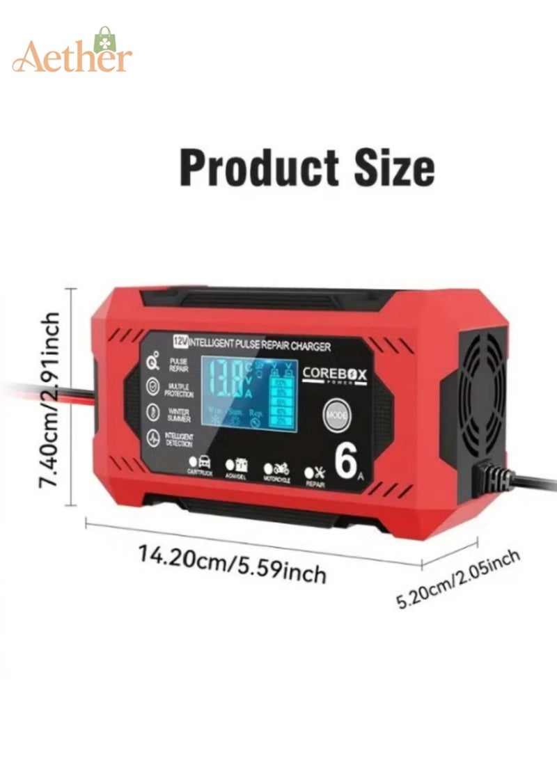 أثير شاحن البطارية الذكية 12V 6A مع شاشة LCD - شاحن الرصاص الحمضي متعدد الاستخدامات للسيارات والشاحنات والدراجات النارية وقصاصات العشب والمركبات البحرية - ميزات الشحن الزائد والدوائر القصيرة وحماية القطبية والشاحن المحمول - Image 5