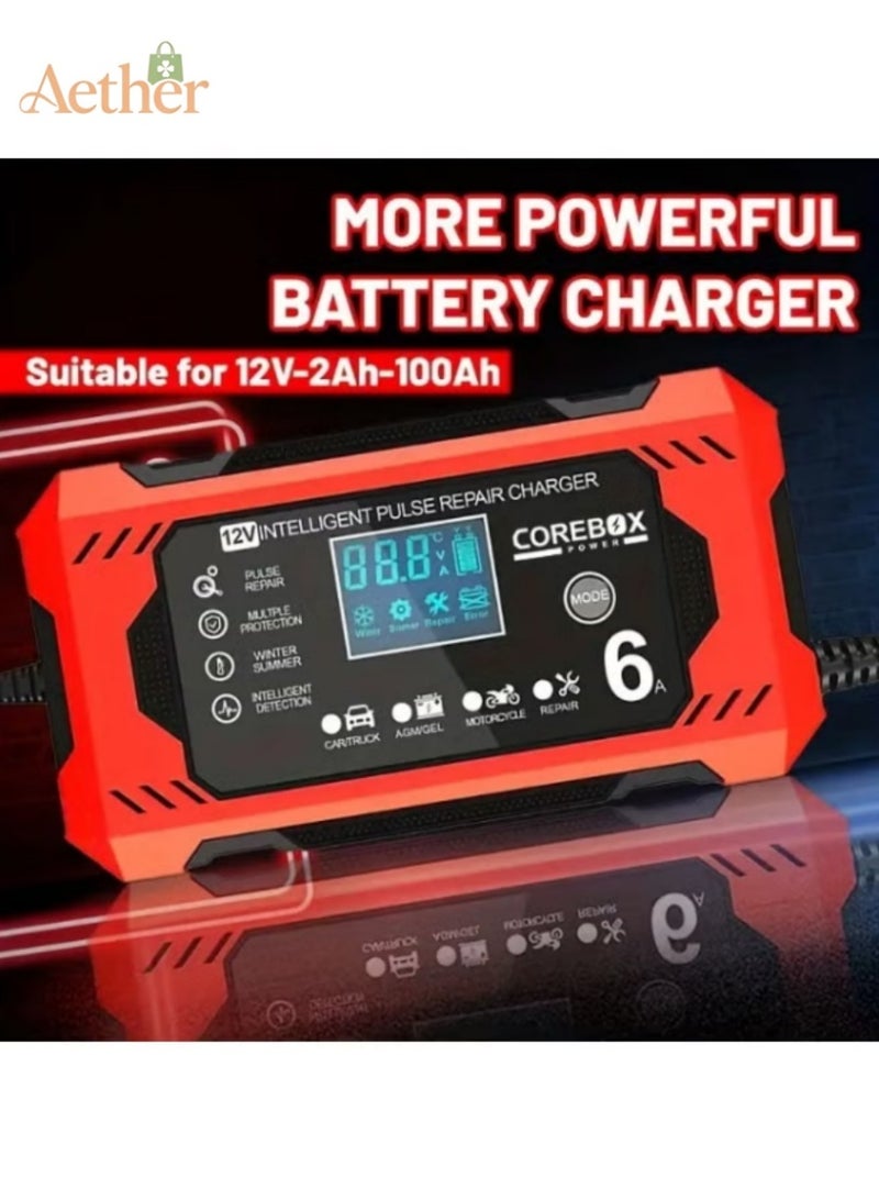 أثير شاحن البطارية الذكية 12V 6A مع شاشة LCD - شاحن الرصاص الحمضي متعدد الاستخدامات للسيارات والشاحنات والدراجات النارية وقصاصات العشب والمركبات البحرية - ميزات الشحن الزائد والدوائر القصيرة وحماية القطبية والشاحن المحمول - Image 4