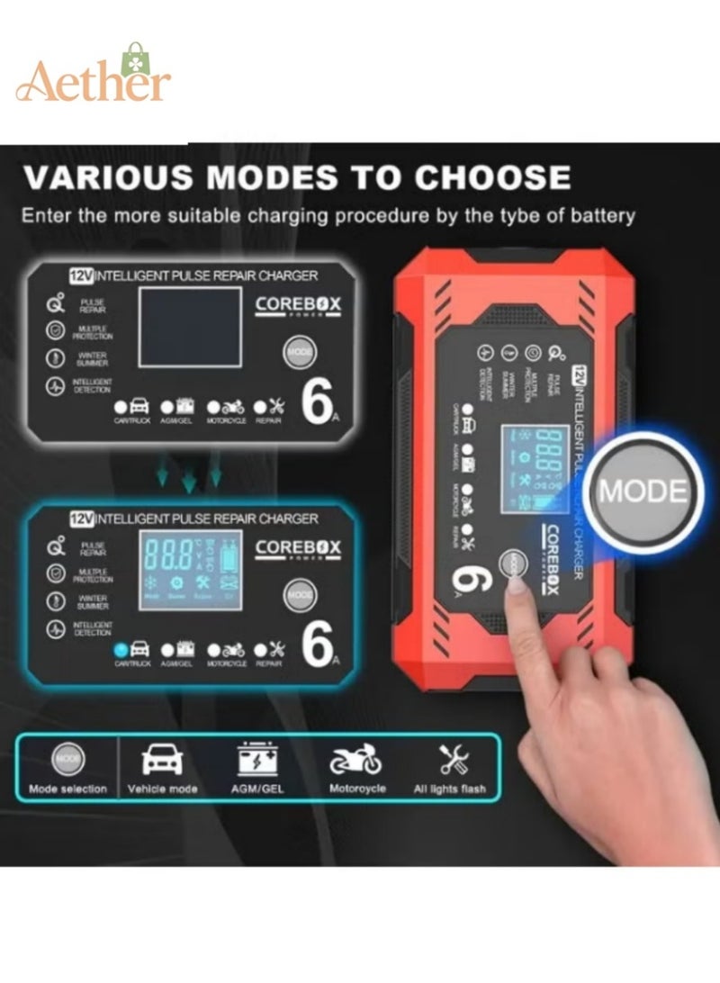 أثير شاحن البطارية الذكية 12V 6A مع شاشة LCD - شاحن الرصاص الحمضي متعدد الاستخدامات للسيارات والشاحنات والدراجات النارية وقصاصات العشب والمركبات البحرية - ميزات الشحن الزائد والدوائر القصيرة وحماية القطبية والشاحن المحمول - Image 2