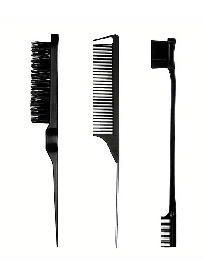 ORiTi 3 Pieces Hair Styling Comb Set Teasing Hair Rat Tail Comb Edge Brush for Edge and Back Brushing, Combing Slicking Hair Black 