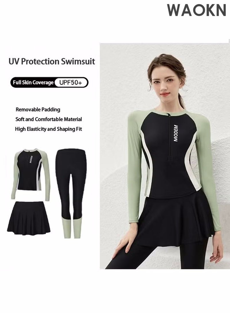 WAOKN Modest 3-Piece Swimsuit Set for Women - Includes Swimwear, Swim Skirt & Swim Shorts, UV Protection Bathing Suit, Elegant Tummy Control Design, Perfect for Surfing & Swimming，Black Green - Image 1
