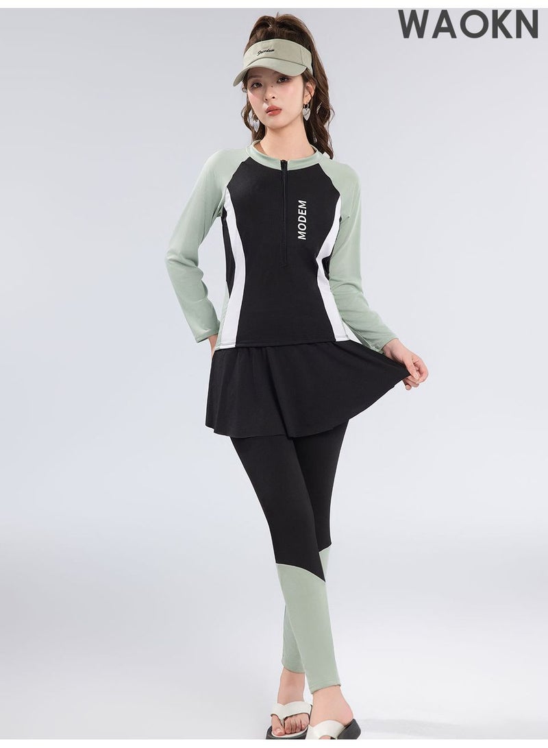 WAOKN Modest 3-Piece Swimsuit Set for Women - Includes Swimwear, Swim Skirt & Swim Shorts, UV Protection Bathing Suit, Elegant Tummy Control Design, Perfect for Surfing & Swimming，Black Green - Image 4