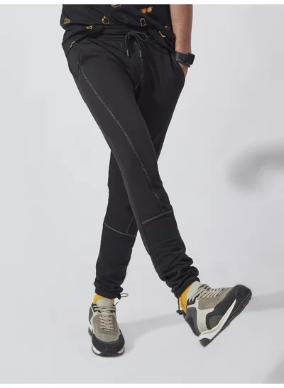 Maniac Mens Solid Stich Line 95% Polyester 5% Lycra French Terry fabric Black Slim Fit Trackpant